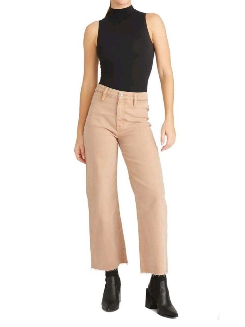 NWT Vigoss Alanis Tan Wideleg Highrise Stretch Frayed Hem Jeans 31